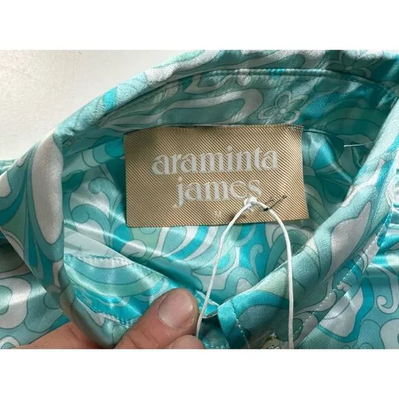 NWT Araminta James La Mer‎ Silky Shirt Blue Collared Long Sleeve Womens Medium